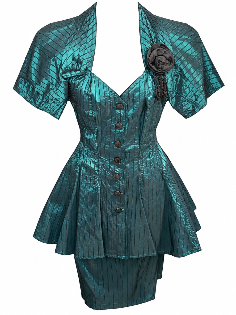 Vintage Karen Alexander Teal Pinstripe Peplum Jacket & Skirt Set Size 8